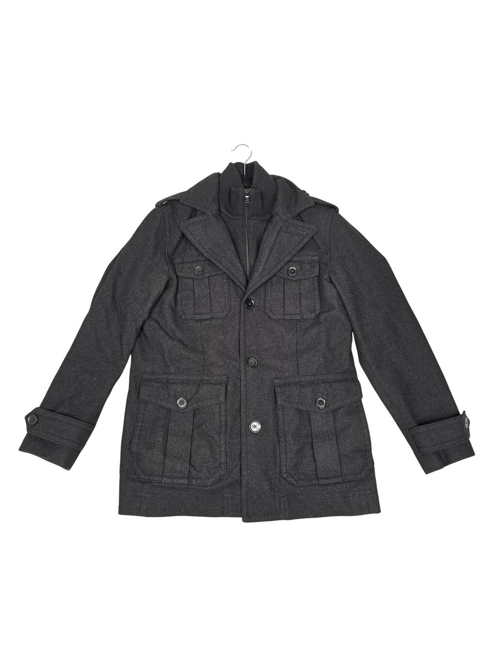 Express Coat Mens Medium Gray Wool Herringbone Military Jacket Tech Lined Winter
